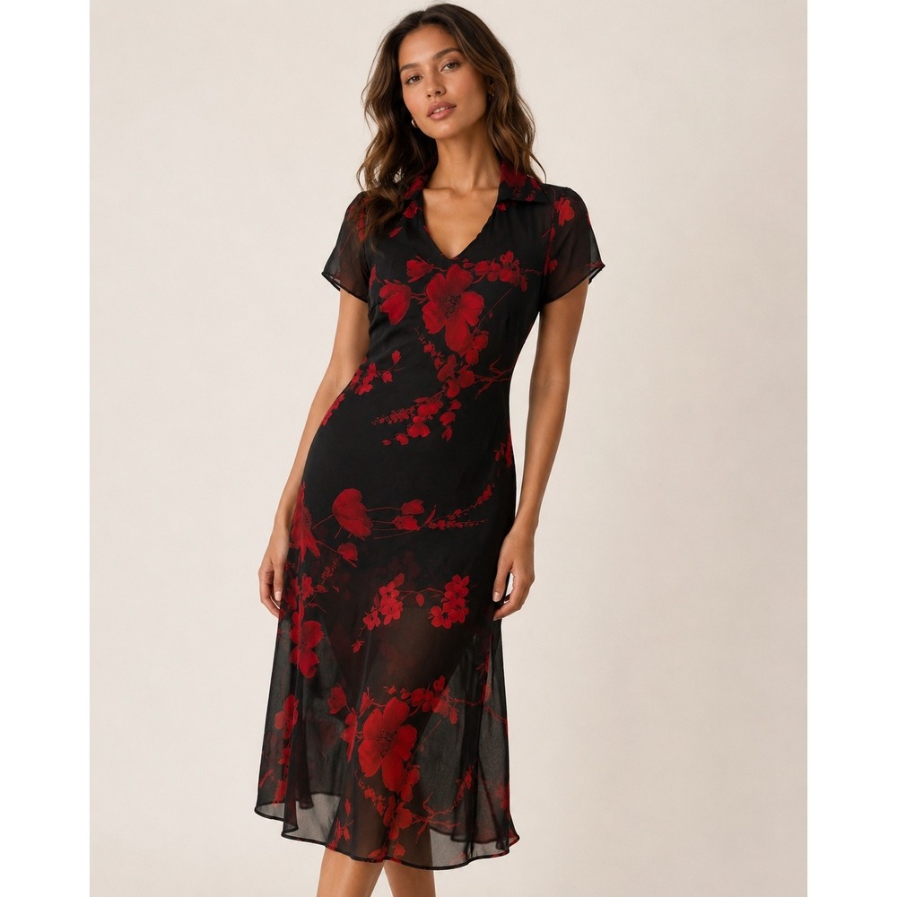 Vintage 90s Just Choon Sheer Dress Womens L Black Red Floral Midi Whimsigoth